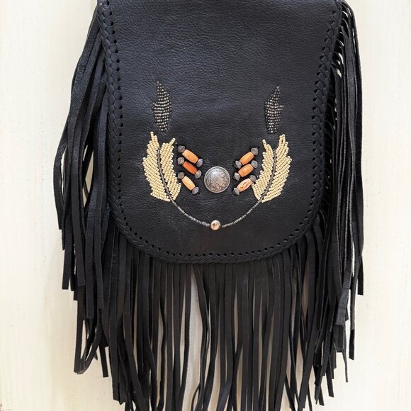 Genuine Leather Boho/Texas Chic Crossbody w/Fringe & Beads by FREEDOM Leathers - Picture 1 of 16
